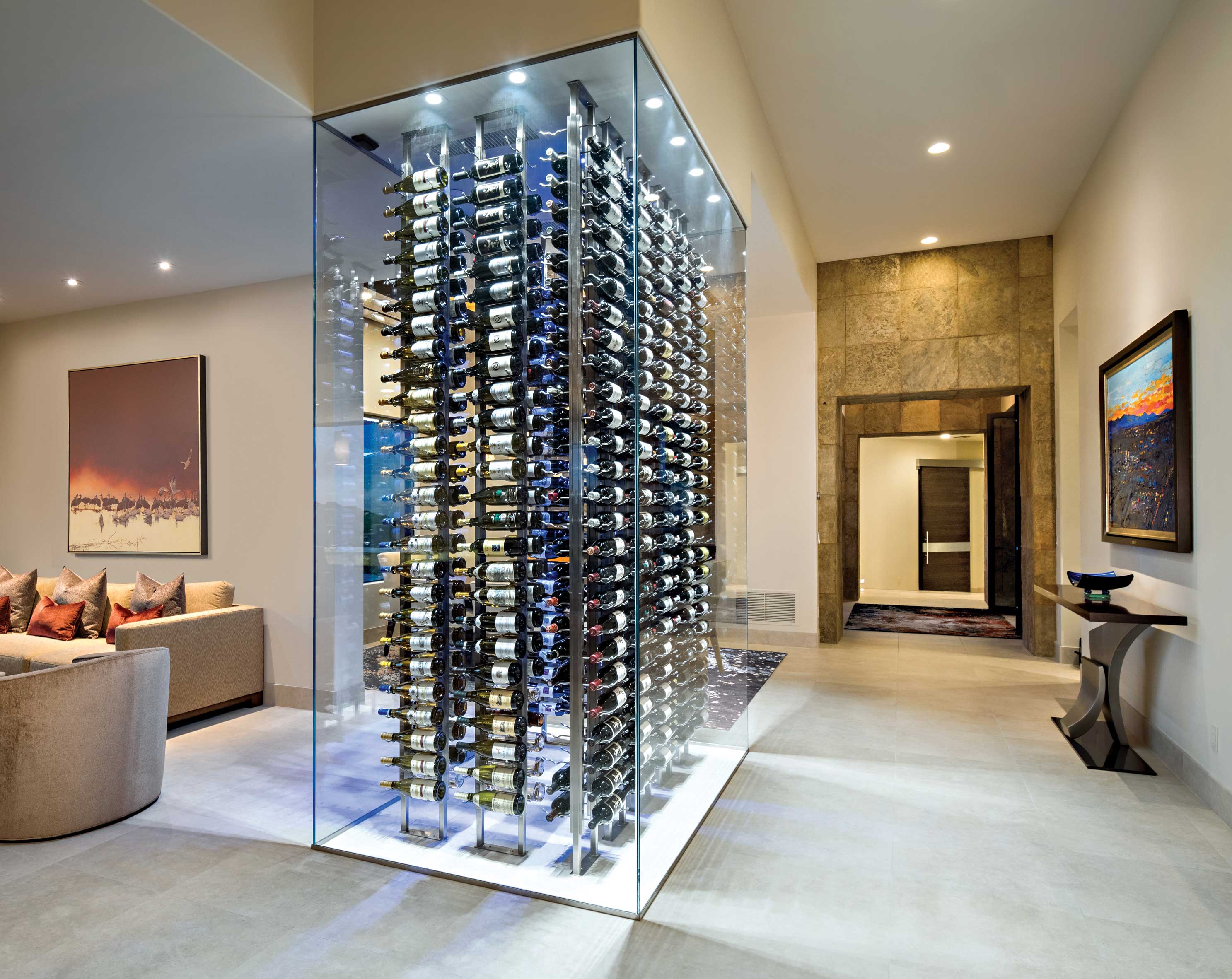 Holiday Hill Village, Midland TX glass wine room placement with bronze hardware
