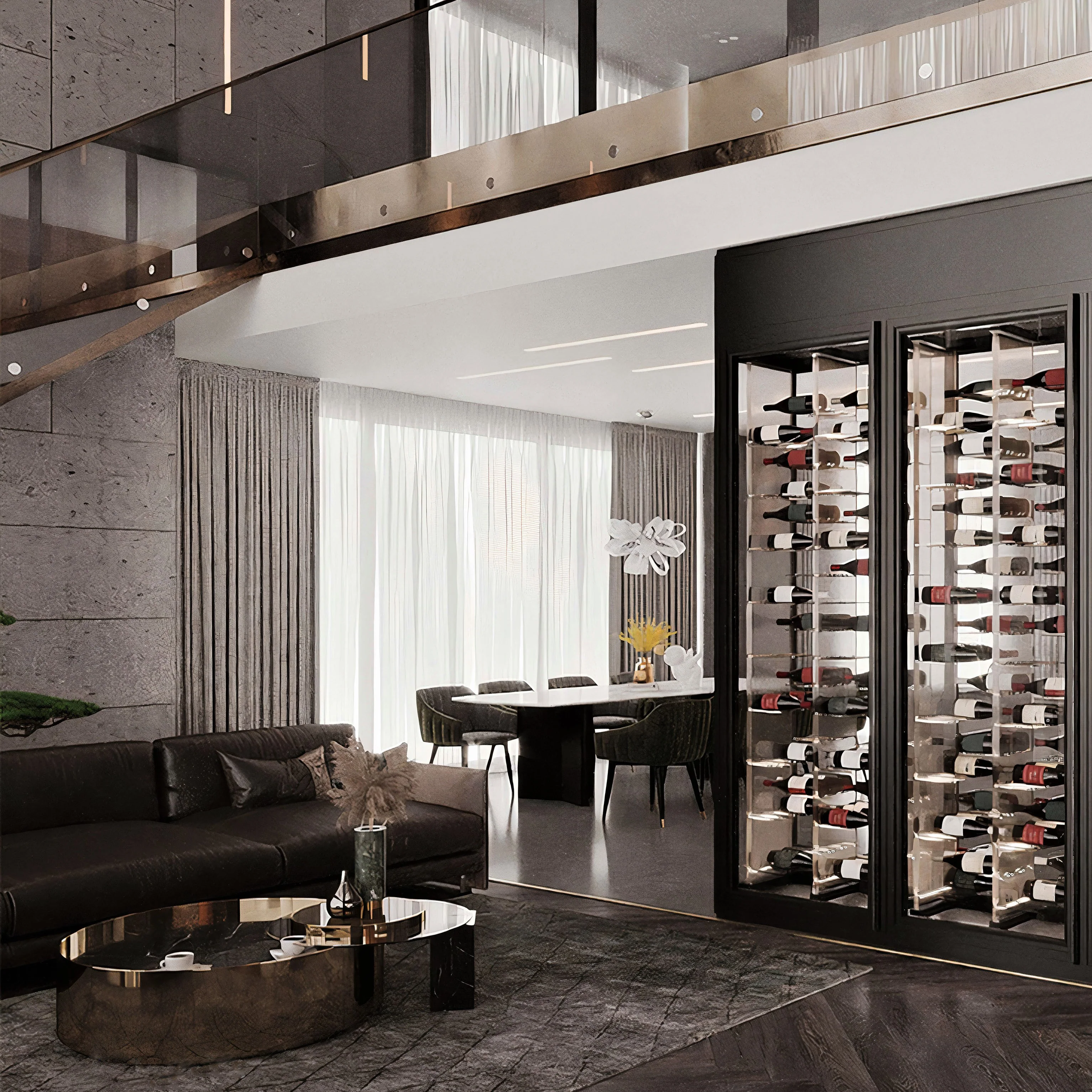 Polo Park, Midland TX low iron glass wine room with bronze hardware