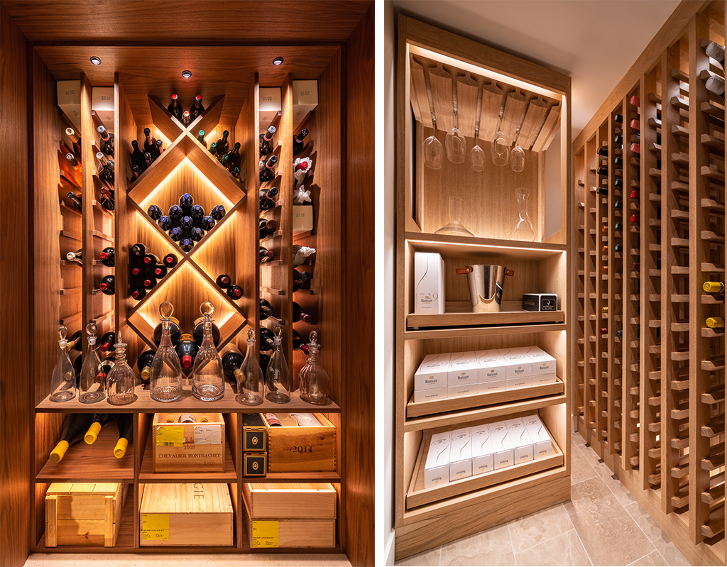 Holiday Hill Village, Midland TX cellar with illuminated wine shelves and warm wood
